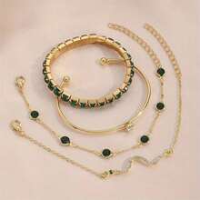 New 4pc Stylish, Vintage & Elegant Snake-Shaped Crystal Bracelet Set - With Green Elastic Claw Chain & Open-Design Bangle