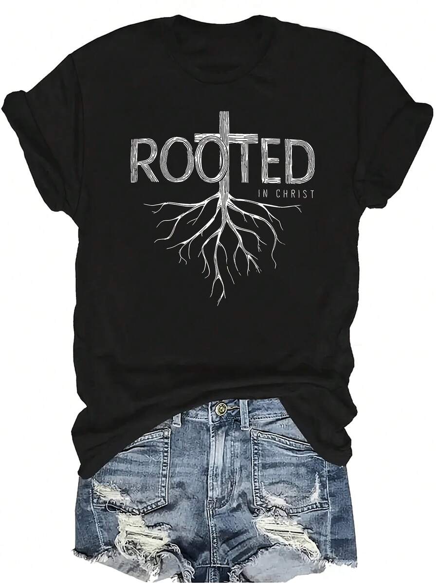 [Camiseta de moda casual] Camiseta suave y cómoda para mujer - Diseño de cruz arraigada en Cristo Casual de manga corta y cuello redondo, regalo perfecto para la abuela y la mamá, uso casual de primavera y verano - Negro - Ver 1