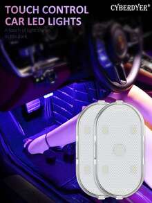 CyberDyer 2 szt. bezprzewodowe oświetlenie wewnętrzne LED do samochodu, 2 kolory oświetlenia wewnętrznego z 6 jasnymi koralikami LED, przenośna, ładowalna przez USB, dotykowa lampka nocna LED do wnętrza samochodu, dekoracja, akcesoria samochodowe, regały, szafki nocne, szafy