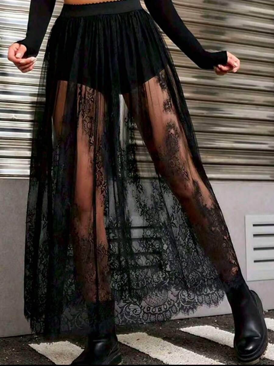 1 Piece Of Chiffon Dress, Lace Petticoat, Elastic Band Beach Dress (No Underwear), Women's Autumn Outfit