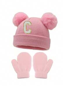 2 Stücke/Set gestrickte Mützen & Handschuhe Baby A-Z Buchstaben gestrickte Mützen mit rosa Handschuhen Baby Mädchen Hut Kinder Beanie Mütze Säuglings Zubehör Kinderhüte Elastisch 0-3J Baby Mädchen Junge Hut