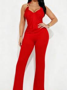 Balogun Summer Street Solid Color Slim Fit Two Piece Sets Halter Bandage Ruched Asymmetrical Tops Match Long Pants Casual Women Clothing - Đỏ - Xem 4