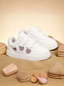 1 Paar Kinder Pink Herz Dekor Weiß Klettverschluss Design Flache Mode Sneaker, geeignet für alle Jahreszeiten - Weiss - Übersicht 3