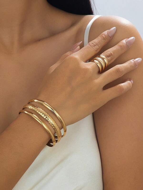 Bracelet+Ring - Daily Fashion Simple And Versatile Three Layer Multi Layer Opening Personalized Bracelet Ring Two Pieces Set (No Gift Box)