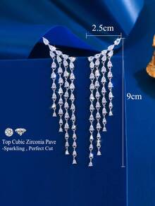 1 Pair Extra Long Dangle Cluster Water Drop Cubic Zirconia Tassel Earrings, Luxury Wedding Engagement Bridal Party Jewelry Gift For Women - White - View 6