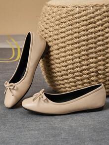 MonaNise Damen Mode Quadratische Zehenkappe Flache Schuhe mit Schleife in Apricot, Schwarz & Weiß Outdoor Lässig High-End Khaki vielseitige Ballerinas - Aprikosenfarben - Übersicht 6