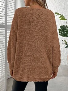 Plus Size Solid Color Crew Neck Casual Long Sleeve Knit Sweater - Brown - View 3