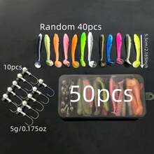 50pcs Fishing Lure Set, Including Jig Heads, Soft Bait T-Tail Worm Hooks, Suitable For Bass, Trout And Other Fish, Fishing Tackle