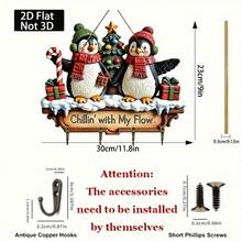 2D Flat Penguin Christmas Tree Key Hook With 4 Metal Hooks - Ideal For Holiday Wooden Wall And Porch Decor, Multipurpose Home And Villa Decoration, Making It An Excellent Choice For Christmas Gifts And Holiday Celebrations, Christmas Decor, Home Christmas Decoration, 2D Flat Design, No Electricity Required.