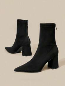 Elegant Style Black Suede Short Leg Women's Boots, Pointed Toe Thick Heel With Back Zipper Mid Leg Fashion Boots, 2025 Autumn/Winter New Chelsea Boots, Suitable For Business - Parties - Weddings - Nightclubs - Black - View 3