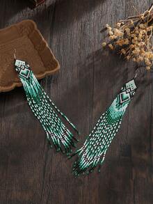 1 Pair Women's Fashion Bohemian Style Long Tassel Earrings With Blue, Brown, Gold And Black Beaded Geometric Design, Elegant Handmade Versatile Jewelry For Daily And Party Wear, Great Gift For Holidays