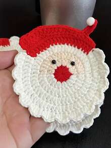 2/4pcs Handmade Crochet Santa Claus Coaster - Festive Red & White Christmas Decor, Fabric Drink Coaster For Holiday Table Setting, Hand Wash Only, Unique Christmas Gift - Multicolor - View 2