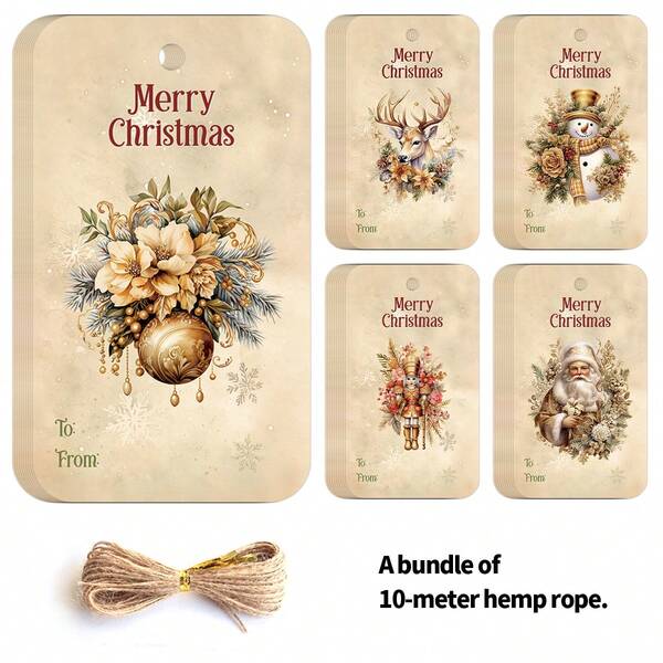 50 Stücke Vintage Weihnachtsgeschenkanhänger mit Hanfseil, Papier Geschenkanhänger mit Weihnachtsmann, Schneemann & Rentier Designs, festliche Feiertags-Party Deko, Hängende Namensanhänger für Geschenkverpackung