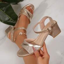 大码女式 5 厘米高跟凉鞋,2025 年春夏新款时尚舒适 PU 防滑粗跟封闭式后跟露趾扣蝴蝶结圆头角斗士凉鞋,闪亮银色,适合旅行、度假、休闲、购物、跳舞、派对 - 金色 - 查看 11