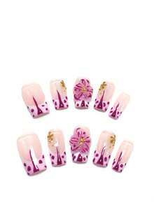 10 Pieces Made By Hand, 2.5 Cm Almond-Shaped Decorative Nails, Beach Essentials, Nail Patch, Press-On Nails, Nails, Supplies, Summer Nails, Press-On Acrylic Nails, Long Nails, Purple Flowers, Plants, Diamonds, Pearls, Three-Dimensional Styling, Gradient, Three-Dimensional Sculpture Modeling Glue, And Versatile, Punk, Suitable For Beach