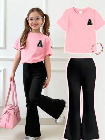 Conjunto de 2 piezas de camiseta de manga corta con estampado de letra A y pantalones acampanados para niña preadolescente, suave y lavable a máquina, para primavera/verano