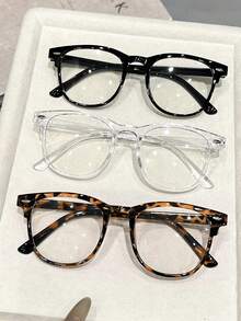 3副塑料豹纹和几何图案全框轻便透明眼镜，适合日常生活、办公、阅读、看电视、玩游戏，是送给女士的理想礼物，适合所有脸型。 - 3pcs 黑色透明豹紋組合 - 查看 5