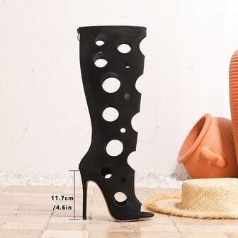 12厘米舒适拉链镂空跑道靴，欧式风格