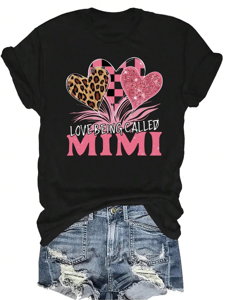 [Camiseta de Moda Casual] Camiseta de mujer suave y cómoda - Corazones de leopardo Love Mimi, manga corta, cuello redondo, casual, regalo perfecto para la abuela y la mamá, uso casual en primavera y verano - Negro - Ver 1