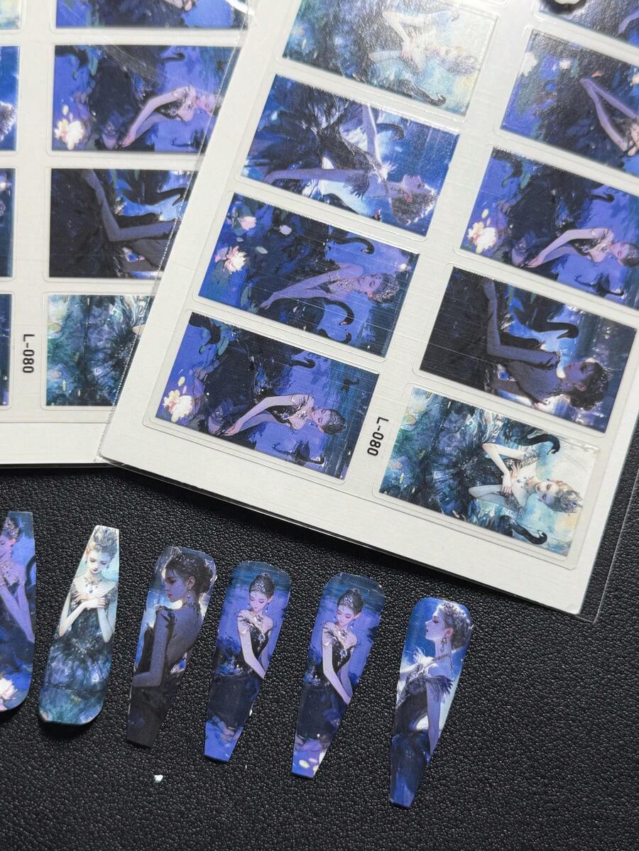 2packs Luxury Designer Original Design Black Swan Girl Style Full Nail Sticker L-080