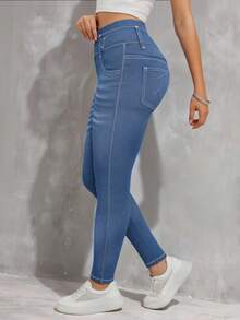 大码女式高弹力紧身牛仔裤，牛仔印花图案休闲舒适针织运动裤 - 霧霾藍 - 查看 2