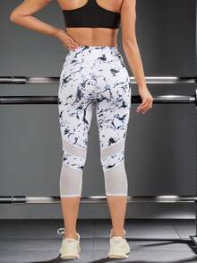 Quần tập yoga nâng ngực cạp cao dành cho nữ, họa tiết nhuộm tie-dye, có túi, phối lưới, thích hợp cho tập thể dục. - Đen và trắng - Xem 4