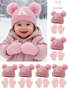 2 Stücke/Set gestrickte Mützen & Handschuhe Baby A-Z Buchstaben gestrickte Mützen mit rosa Handschuhen Baby Mädchen Hut Kinder Beanie Mütze Säuglings Zubehör Kinderhüte Elastisch 0-3J Baby Mädchen Junge Hut