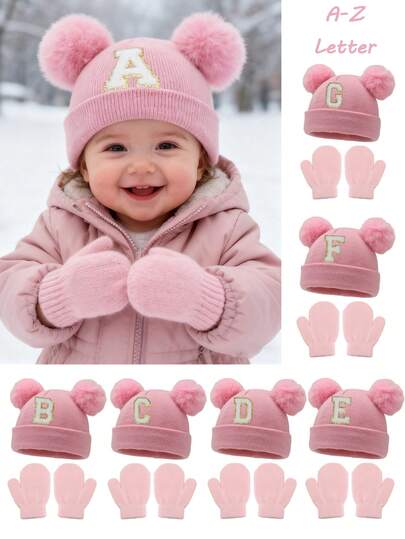 2 piezas Conjunto de gorro y guantes tejidos, gorro tejido con letra del alfabeto A-Z para bebé con guantes rosas, gorro para niña, gorro tejido para niños, accesorios para bebé, gorro para niños, gorro elástico, para niños y niñas de 0 a 3 años