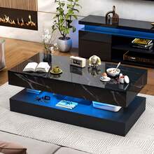 39/47inch Large High-Glossy LED Coffee Table With 2 Sliding Drawers, Living Room Storage Tables With Marbling Print, Modern Stylish Double-Layer Center Tables W/ USB Powered LED Lights - 黑色 - 查看 5
