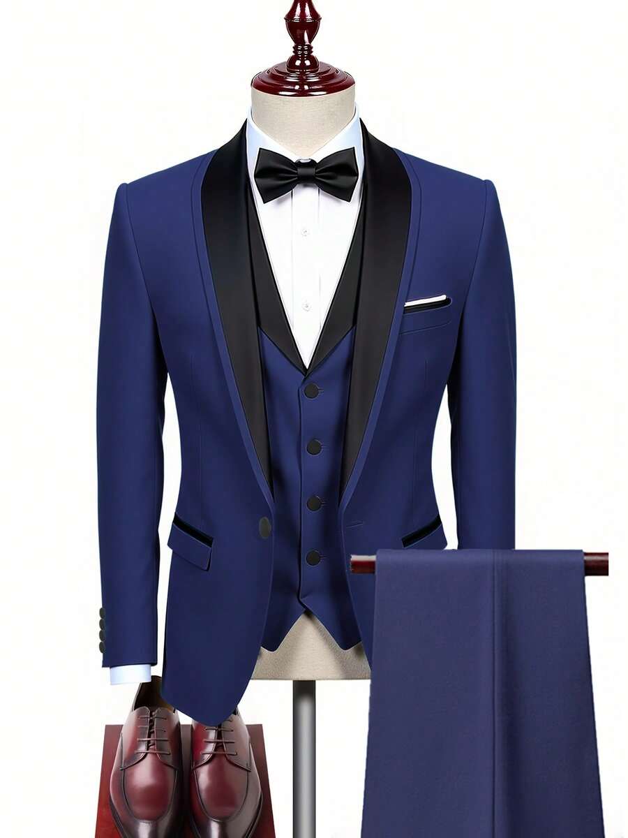 3 Pieces Men's Formal Business Suit Set Including Blazer, Vest, And Pants, Slim Fit Stretchy Solid Color, Work/Party Wear - Navy Blue - View 1