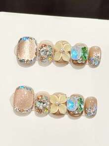 10pcs Elegant Ice-Transparent Flower Cat Eye Handmade Press On Nails Short Oval Fake Nails, Full Diamond Glitter, 3D Floral Decoration, Christmas Valentine'S Day Fake Nails, With Jelly Glue And Nail File, For Party Decoration & Daily