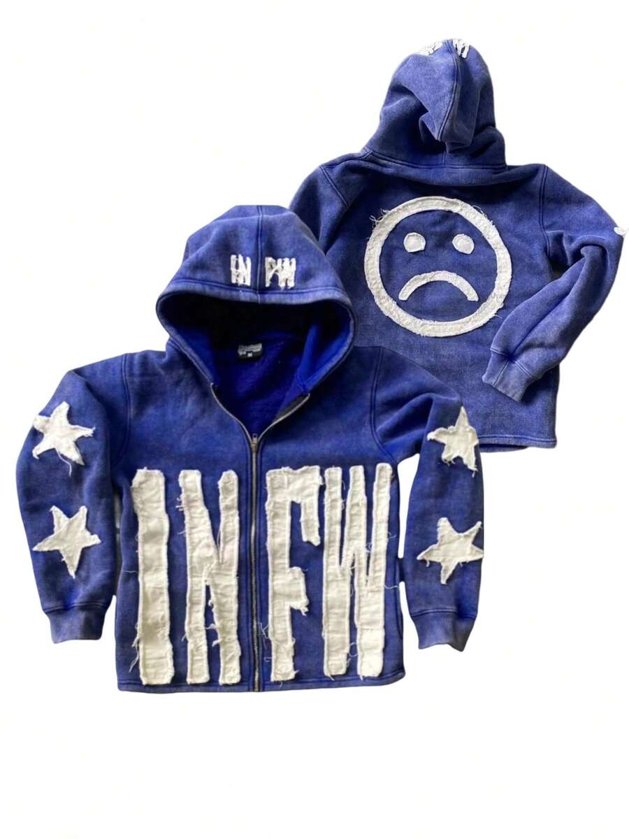 Oversized Zip-Up Hoodie For Men - Infw Letter Embroidered Pattern Casual Jacket - Street Hip-Hop Style Couple Outfit Jacket,  Blue Jacket & Blue Sweater Winter Clothes For Women - 藍色 - 查看 1