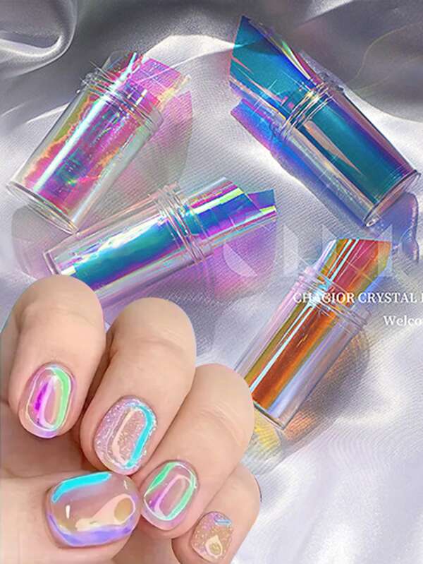 ملصقات ملونة بطول 50 سم، ملصقات أظافر معدنية لامعة بتأثير هولوغرامي، ملصقات أظافر بشريط لزجاج الليزر الفضي، لتزيين وتصميم الأظافر