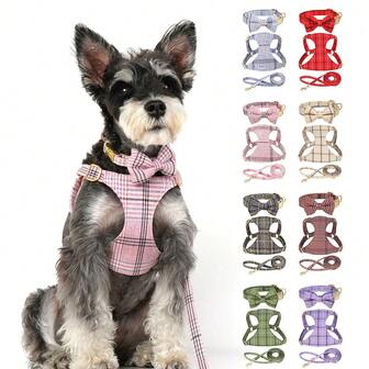 1 套可调节蝴蝶结格子狗背带和牵引绳套装，宠物牵引绳和胸带，可爱宠物用品狗配件