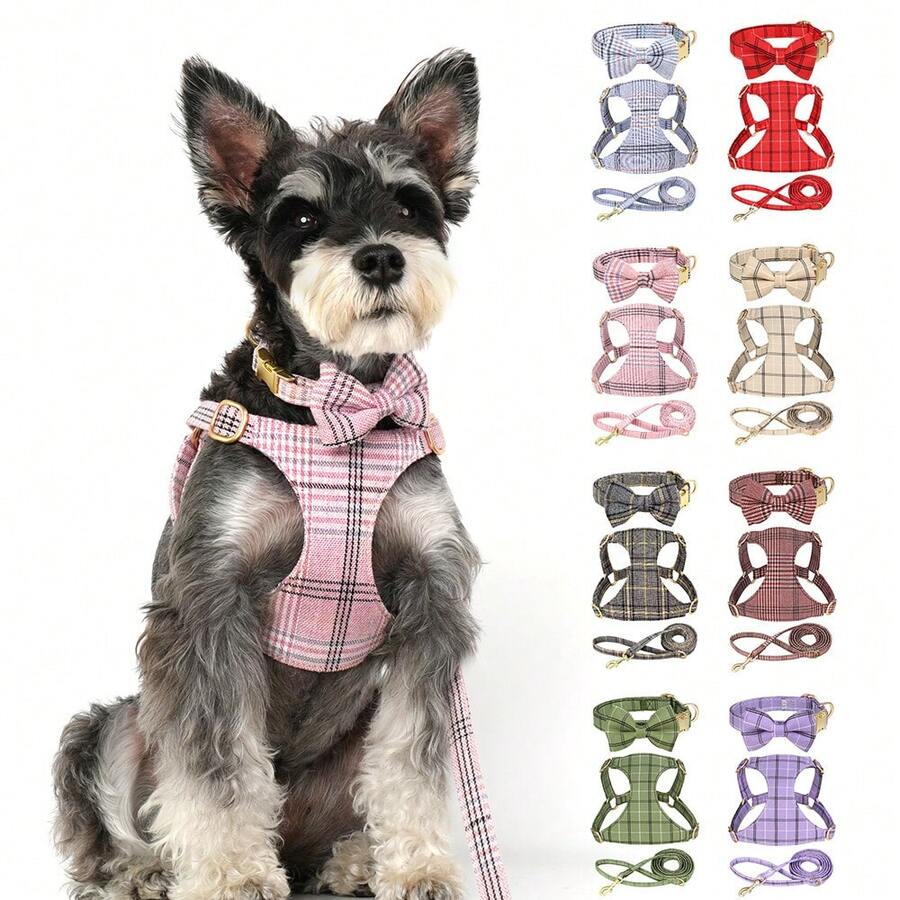 1 Set Adjustable Bow Plaid Dog Harness & Leash Set, Pet Leash & Chest Strap, Cute Pet Supplies Dog Accessories