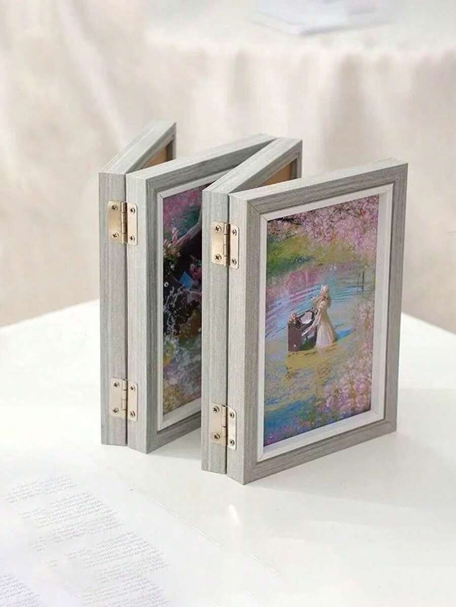 1 件创意三折木质相框，简约双面折叠相框支架，毕业、生日礼物，6 英寸 - 灰色 - 查看 1
