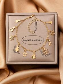 1 Pc Christmas Tree Snowflake Snowman Chain Link Bracelets - Gold Tone Metal Christmas Bracelet - Holiday Festive X'mas Jewelry Gift For Women & Girls - Christmas Tree Snowflake Bracelet - View 2