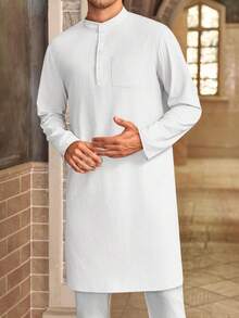 Mens Kaftan Robe Button Down Long Sleeve Henley Cotton Thobe Casual Side Split Gown Shirthalloween - Xám - Xem 3