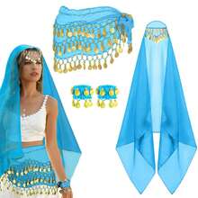 Belly Dance Set Belly Dance Chiffon Hip Scarf, Bandana Wrist Bracelet Dance Accessories With Gold Coins - Multicolor - View 16