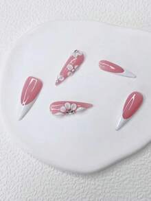 10Pcs Almond-Shaped Nails Y2K White French Style & Full Of Sparkling Rhinestones, 3D Flower Design Decoration, Ideal For Party And Daily Wear, Includes Tool Kit(1Pc Jelly Gel And 1Pc Nail File), Great As Gift For Women And Girls. Press On Nails Nail Supplies Nails - 彩色 - 查看 4