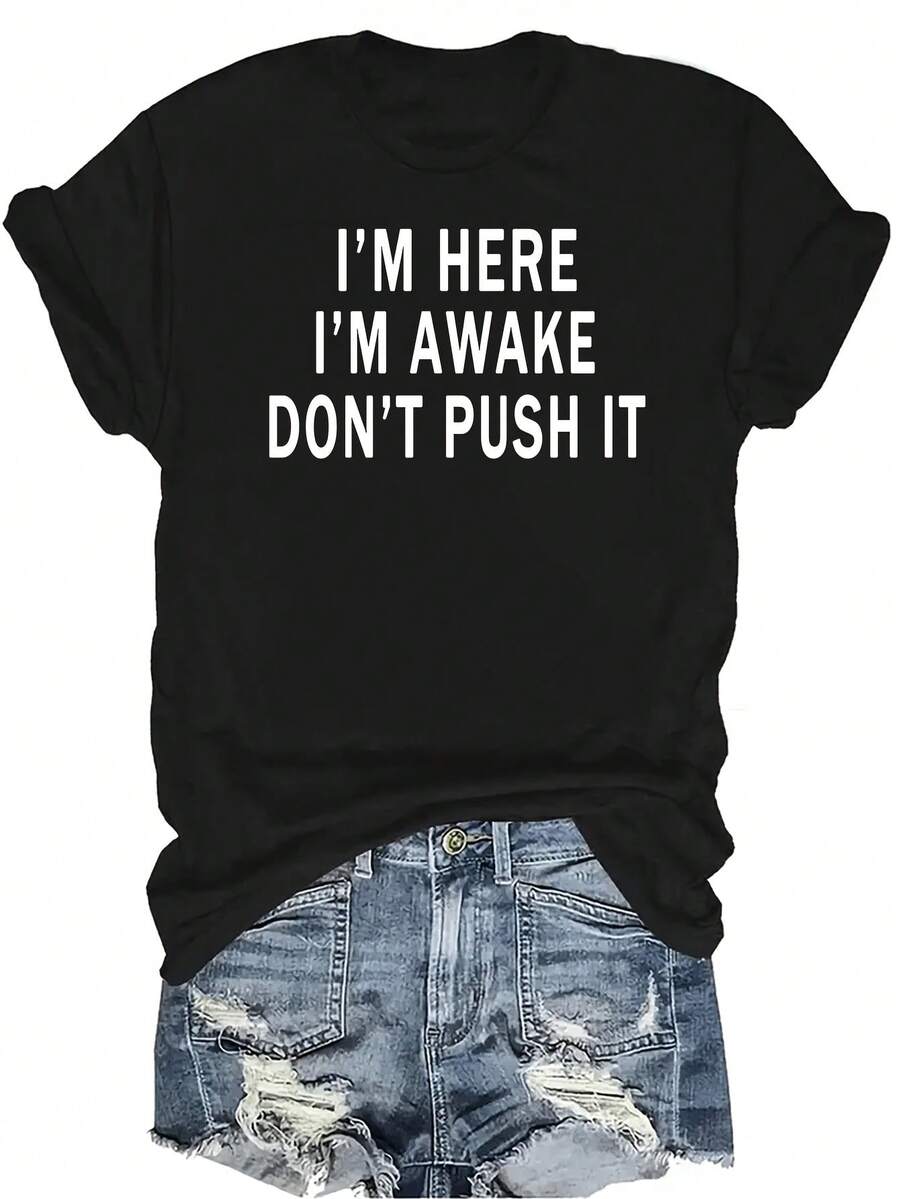 [Camiseta de Moda Casual] Camiseta de mujer suave y cómoda - Eslogan "Despierto y Alerta" Manga corta casual cuello redondo, regalo perfecto para la abuela y la mamá, uso casual de primavera y verano - Negro - Ver 1