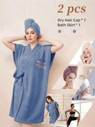 2-Piece Set, Women's Bath Towel Dry Hat Set, Spa Lace-Up Bathrobe, Cartoon Embroidery Short-Sleeved Coral Velvet Shawl Bathrobe,Large Bath Towel Body Wrap, Adjustable, Thickened Coral Fleece, Soft And Absorbent, Perfect For Home Use, Travel, Sauna And Spa