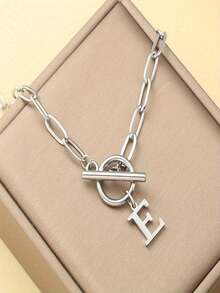1 Piece Of Punk-Style Silver Stainless Steel Clasp Letter Pendant Necklace, With A Paper Clip Chain Design. Suitable For Both Men And Women To Wear.