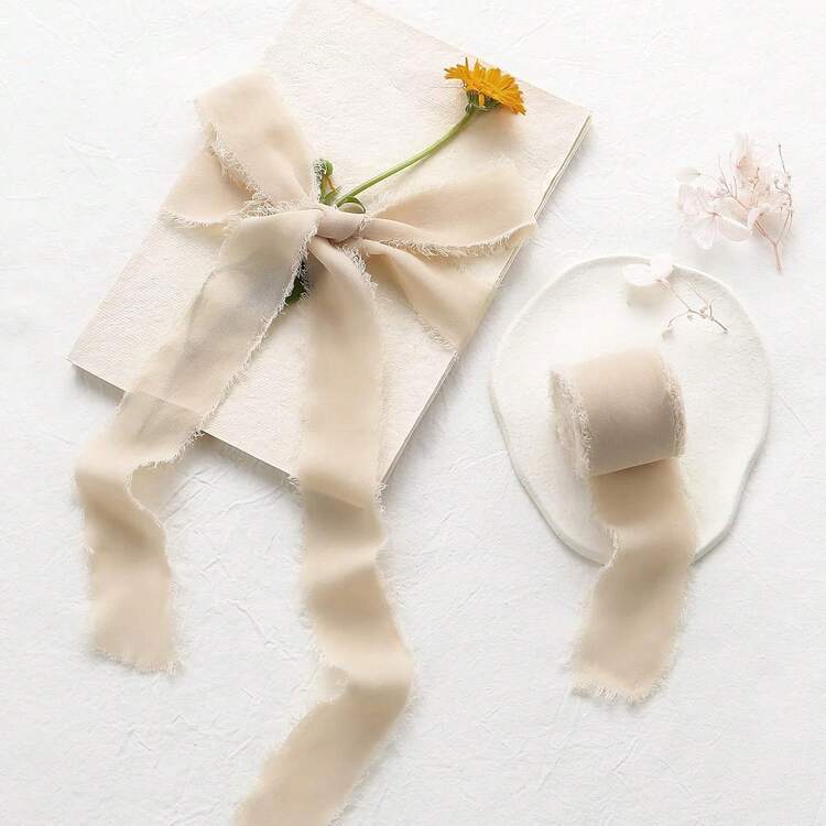 3 Rolls One Pack,  Cream Chiffon Roll Ribbon Gift Binding Ribbon Gift Wrappping Ribbon, Wedding Decor Supplies, Party Decor Supplies,Suitable For Rustic Wedding Invitations, Bows, Garlands, DIY Crafts, Christmas Decorations, DIY Home Decor, Wedding Parties And Gift Wrapping - Beige - View 3