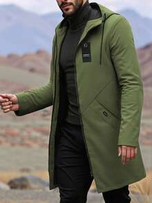 Men's Lightweight Breathable Windbreaker Jacket With Adjustable Hood & Drawstring, Large Pockets, Zipper Closure - Casual Long Length Outerwear For Daily Wear, Dates, Travel - Spring & Fall Essential, Windbreaker Jacket, Spring Outerwear, Minimalist Style, Durable Fabric - Army Green - View 10