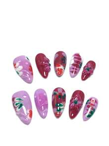 10 Pieces Of 2.5 Cm Handmade Almond-Shaped Nail Tips, Beach Essentials, Nail Patch, Press-On Nails, Nails, Supplies, Summer Nails, Press-On Acrylic Nails, Long Nails, With Pink Flowers, Strawberries, Leaves, Blush, 3D Carved Designs, French Tips, Gradient Colors, Suitable For Various Occasions Such As Beach