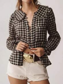 Women's Plaid Long Sleeve Shirt With Ruffle Collar Button Front And Cuff Details - Brown - View 1