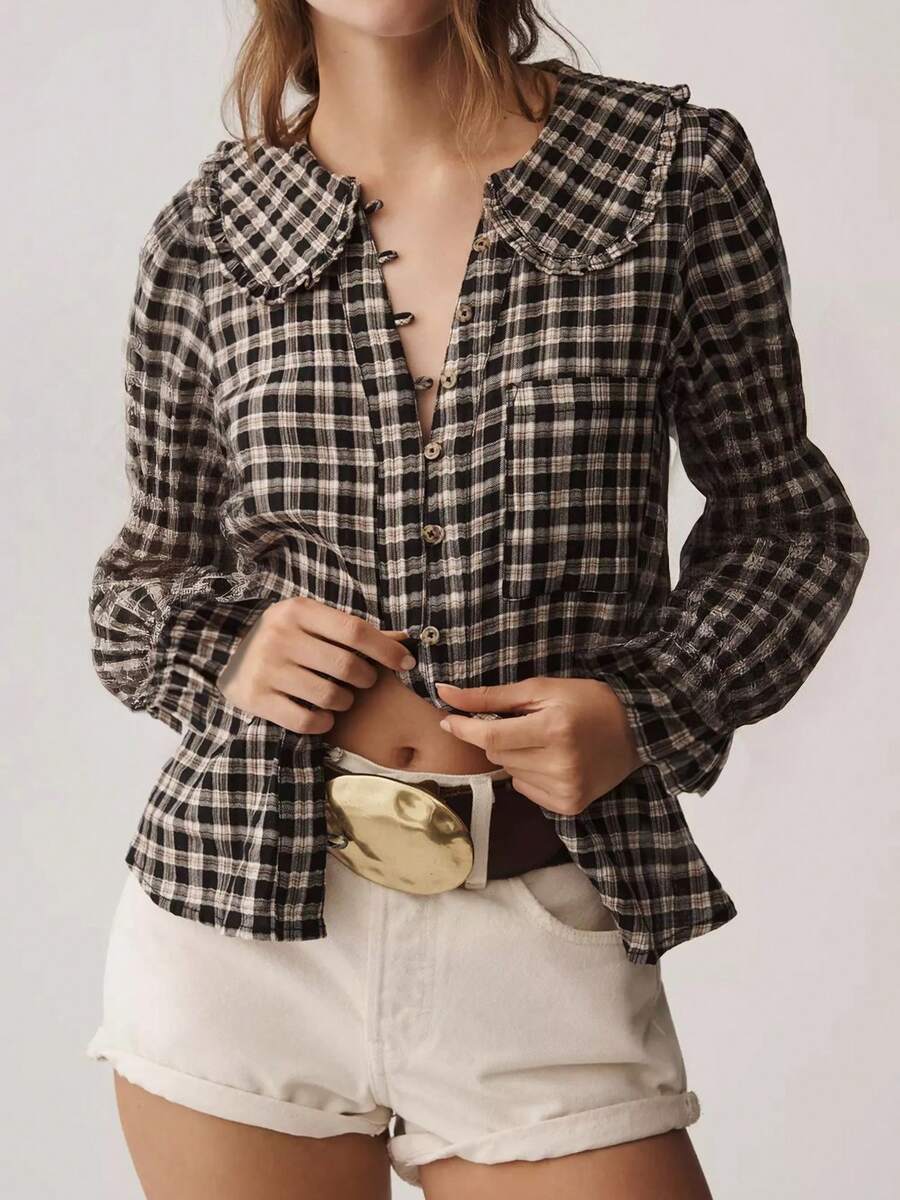 Women's Plaid Long Sleeve Shirt With Ruffle Collar Button Front And Cuff Details - Brown - View 1