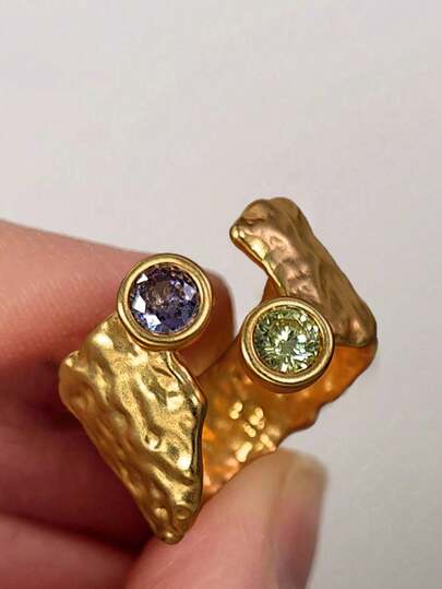 1pc Unique Asymmetrical Opening Adjustable Hammered Copper Gold Plated Ring, Inlaid With Purple & Green Gemstones, Modern Art Design Jewelry, Suitable For Women Party, Gathering Or Birthday Gift, Matching Daily Outfits