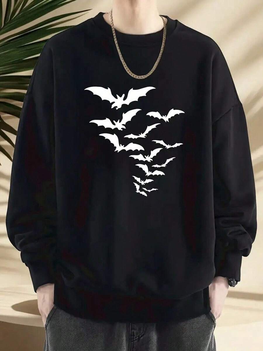 Men'S Heavyweight Halloween Bat Graphic Sweatshirt - Gothic Pullover Hoodie, Extra Large Sizes Up To 2XL, Machine Washable Cold Weather Sweater For Everyday & Halloween Costumes,Fall Hoodies,Men's Fall Clothes,Street Wear,Halloween,Mens Hoodies,Y2k Clothes,Jesus Hoodie,Thanksgiving Day,Nightmare Before Christmas,Christmas - Black - View 1